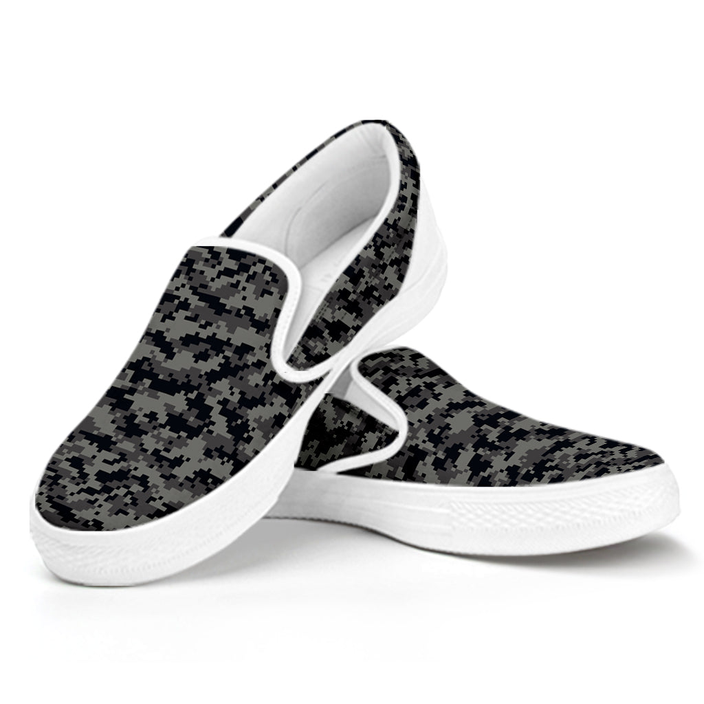 Black And Grey Digital Camo Print White Slip On Shoes