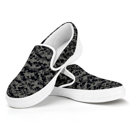 Black And Grey Digital Camo Print White Slip On Shoes