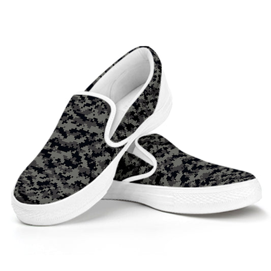 Black And Grey Digital Camo Print White Slip On Shoes