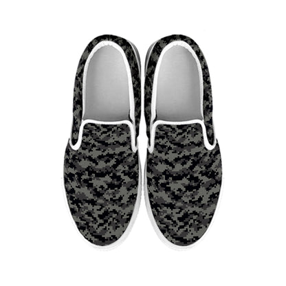 Black And Grey Digital Camo Print White Slip On Shoes