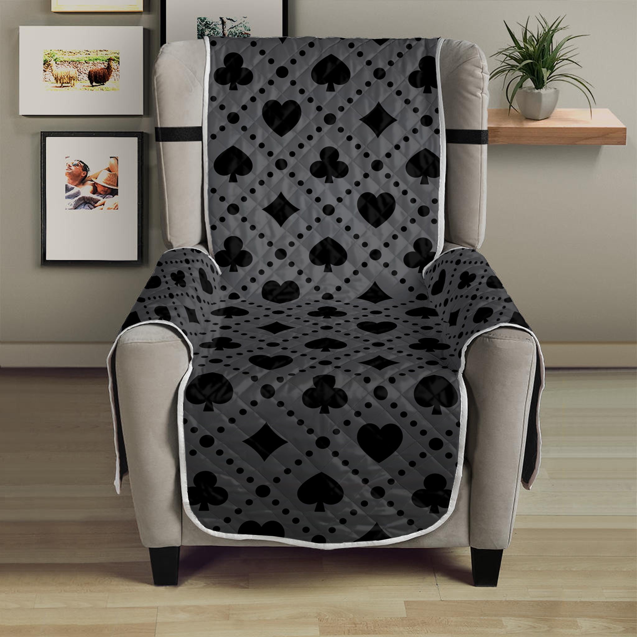 Black And Grey Playing Card Suits Print Armchair Protector