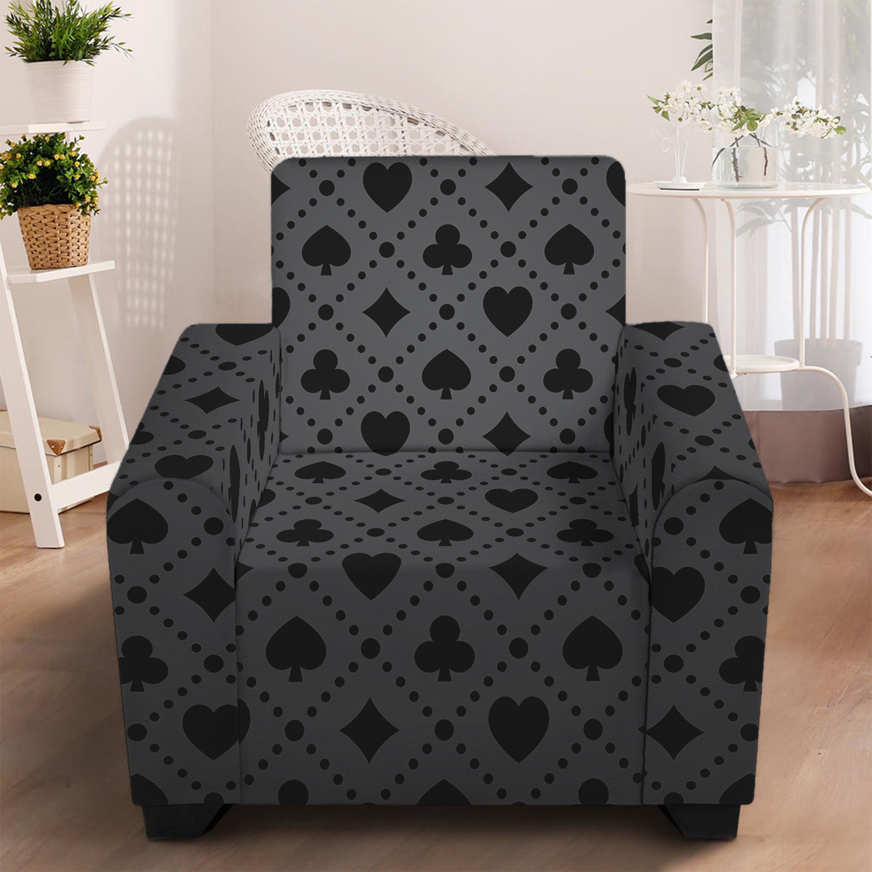 Black And Grey Playing Card Suits Print Armchair Slipcover