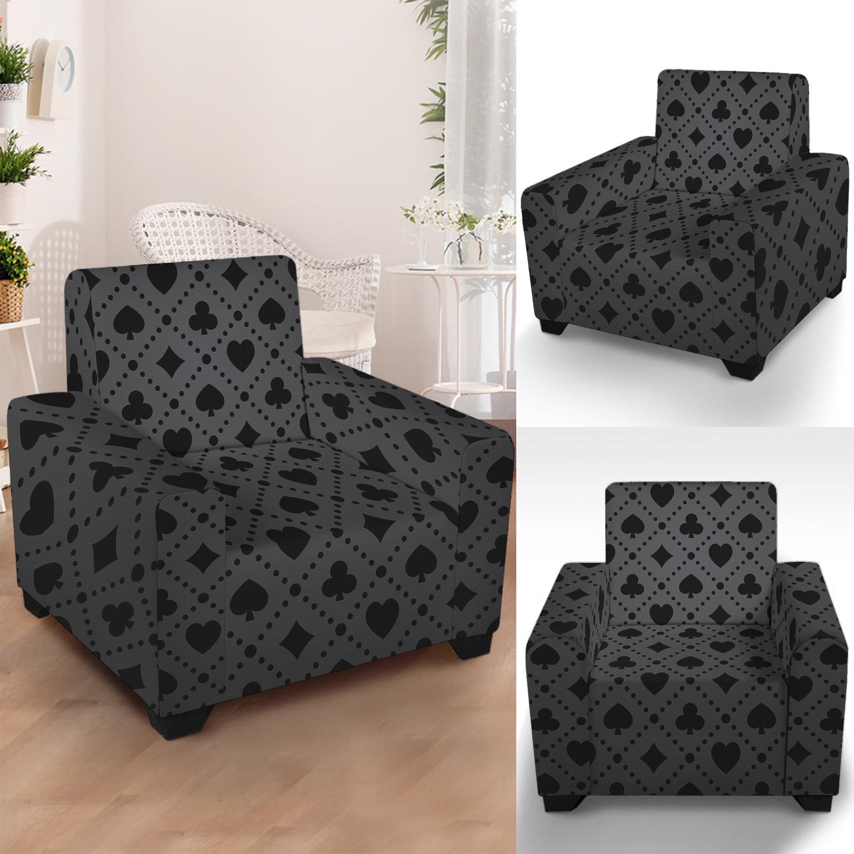 Black And Grey Playing Card Suits Print Armchair Slipcover