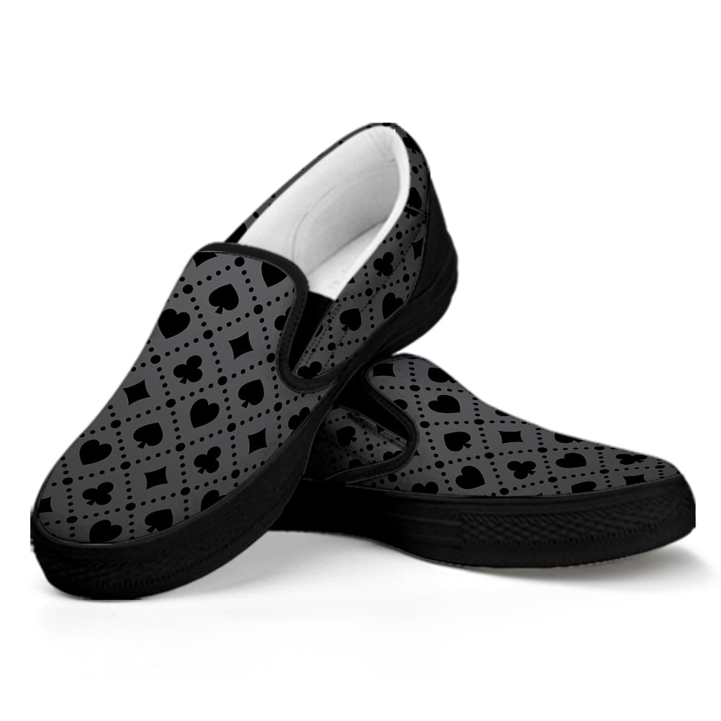 Black And Grey Playing Card Suits Print Black Slip On Shoes