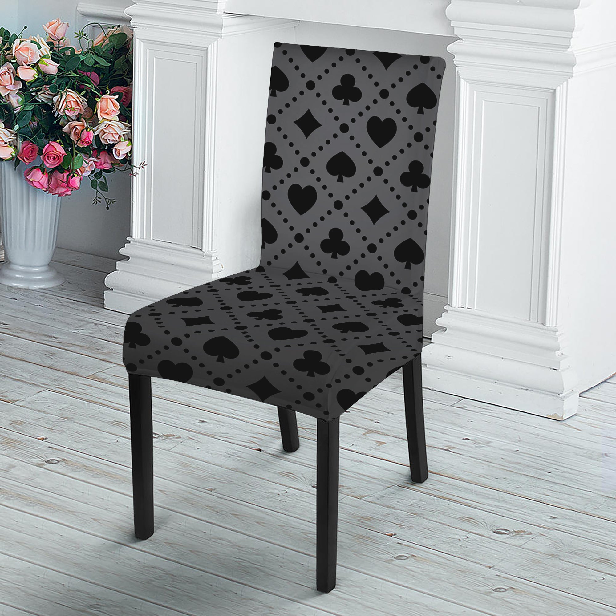 Black And Grey Playing Card Suits Print Dining Chair Slipcover