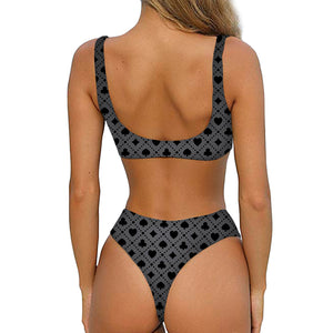 Black And Grey Playing Card Suits Print Front Bow Tie Bikini