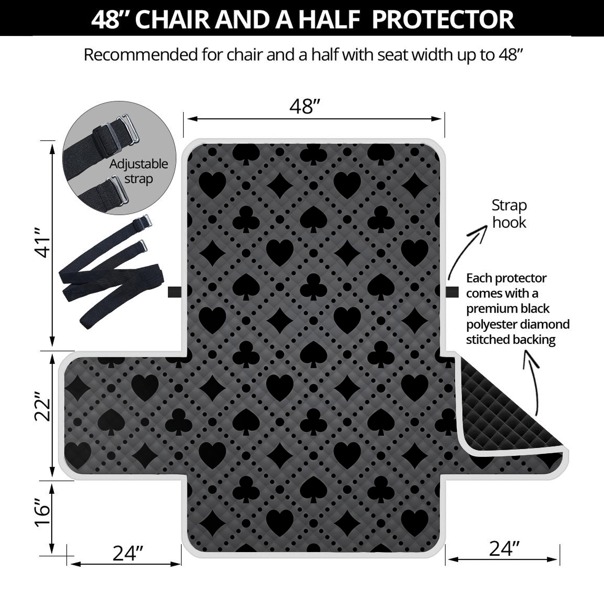 Black And Grey Playing Card Suits Print Half Sofa Protector