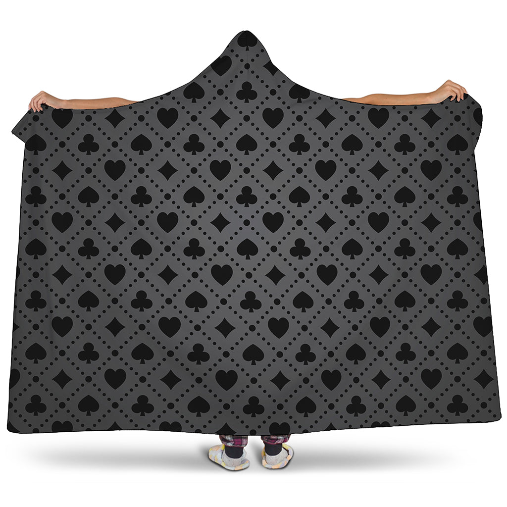 Black And Grey Playing Card Suits Print Hooded Blanket