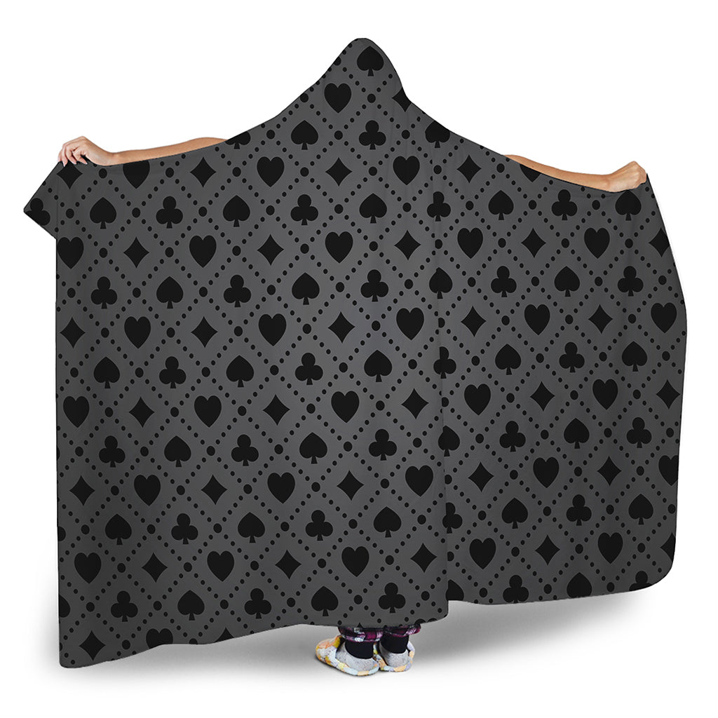 Black And Grey Playing Card Suits Print Hooded Blanket