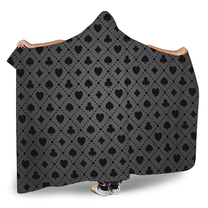 Black And Grey Playing Card Suits Print Hooded Blanket