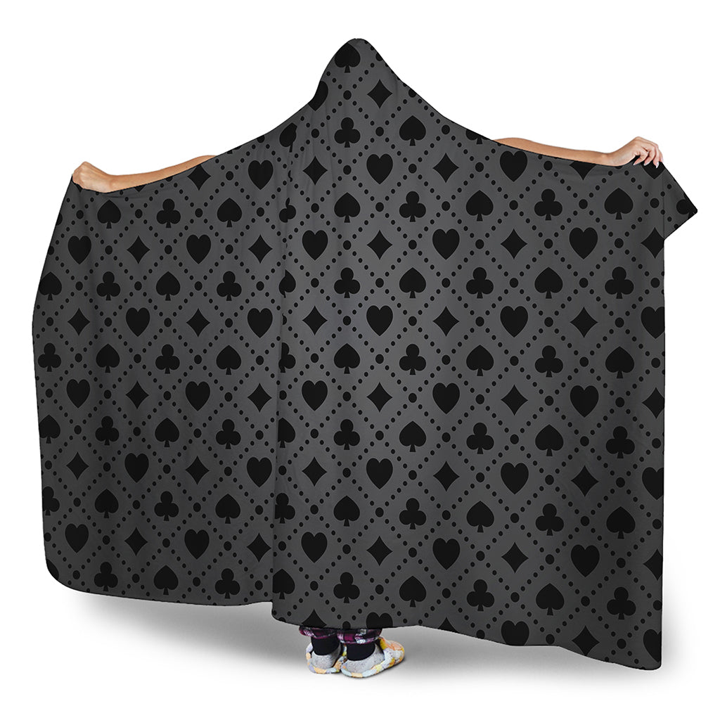 Black And Grey Playing Card Suits Print Hooded Blanket