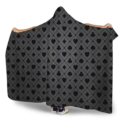 Black And Grey Playing Card Suits Print Hooded Blanket