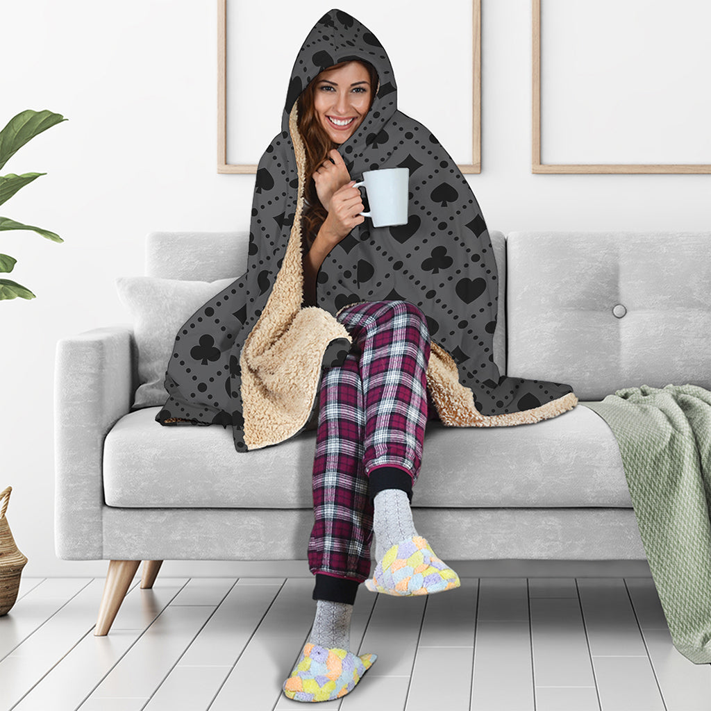 Black And Grey Playing Card Suits Print Hooded Blanket