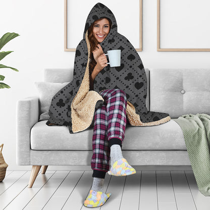 Black And Grey Playing Card Suits Print Hooded Blanket