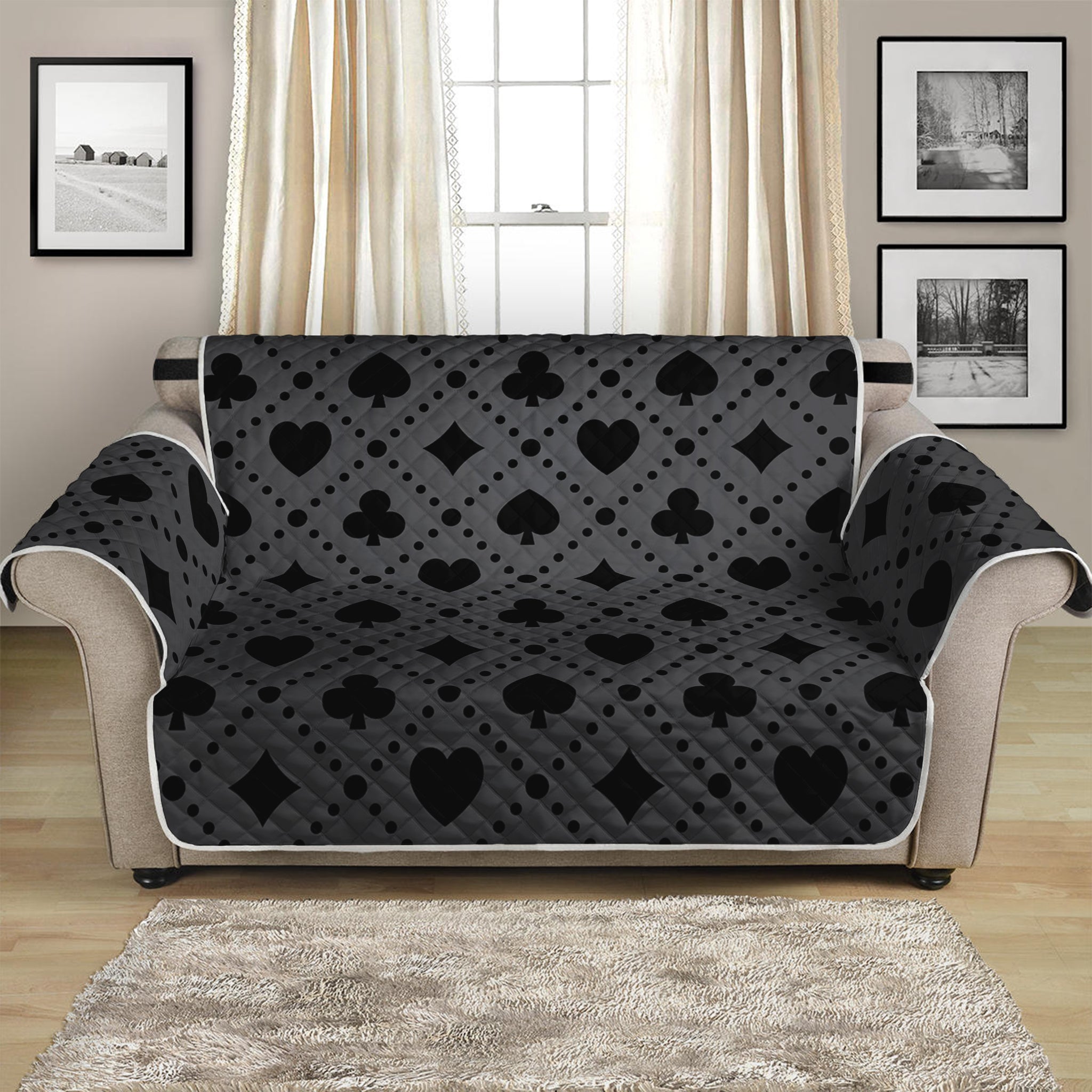 Black And Grey Playing Card Suits Print Loveseat Protector