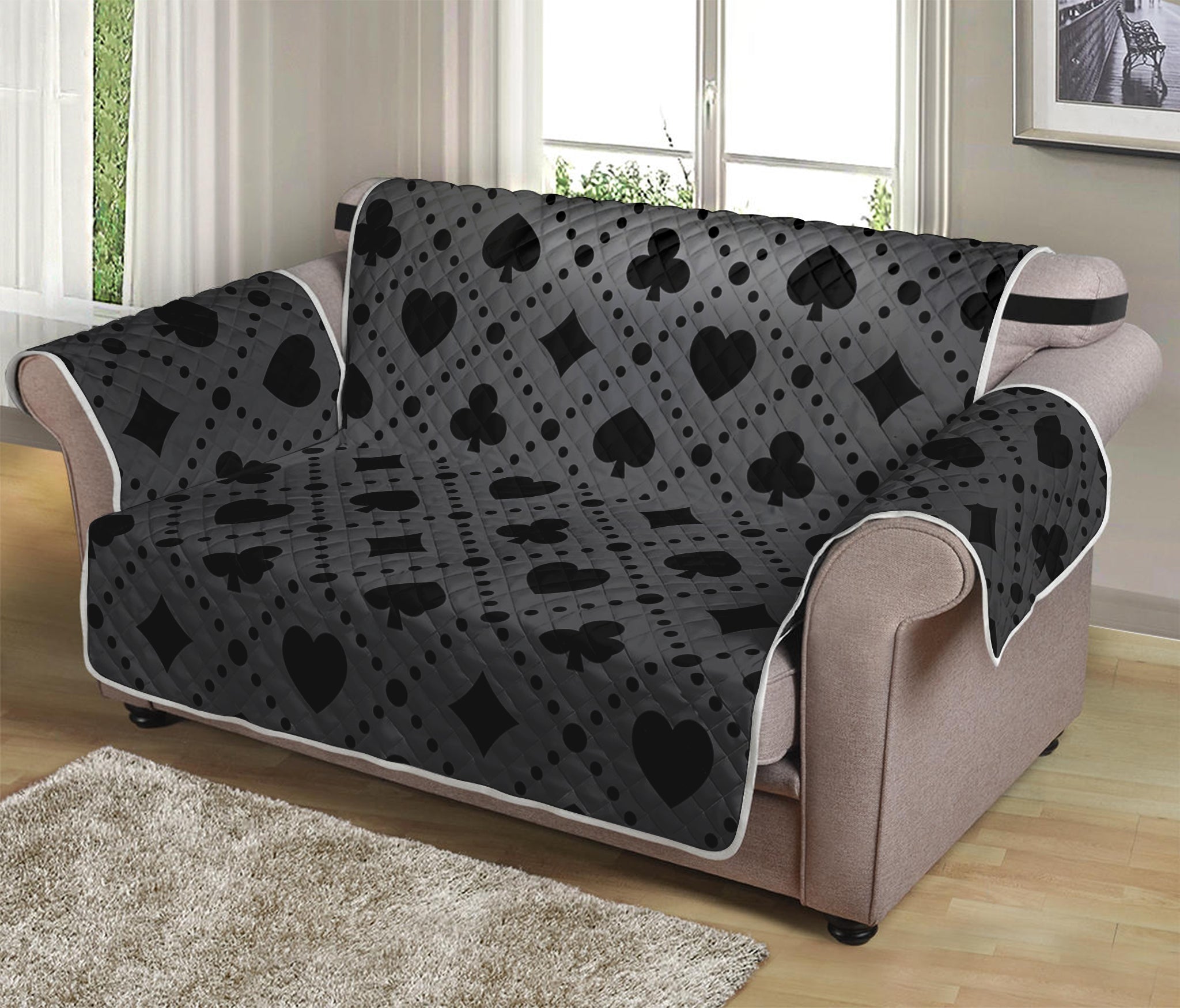 Black And Grey Playing Card Suits Print Loveseat Protector