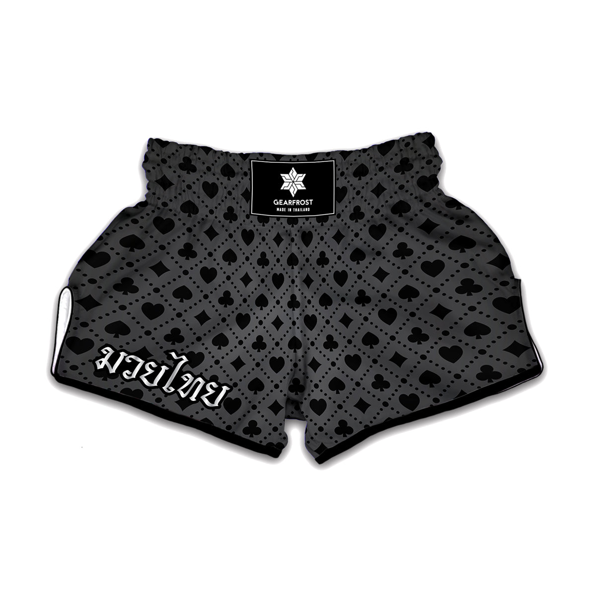 Black And Grey Playing Card Suits Print Muay Thai Boxing Shorts