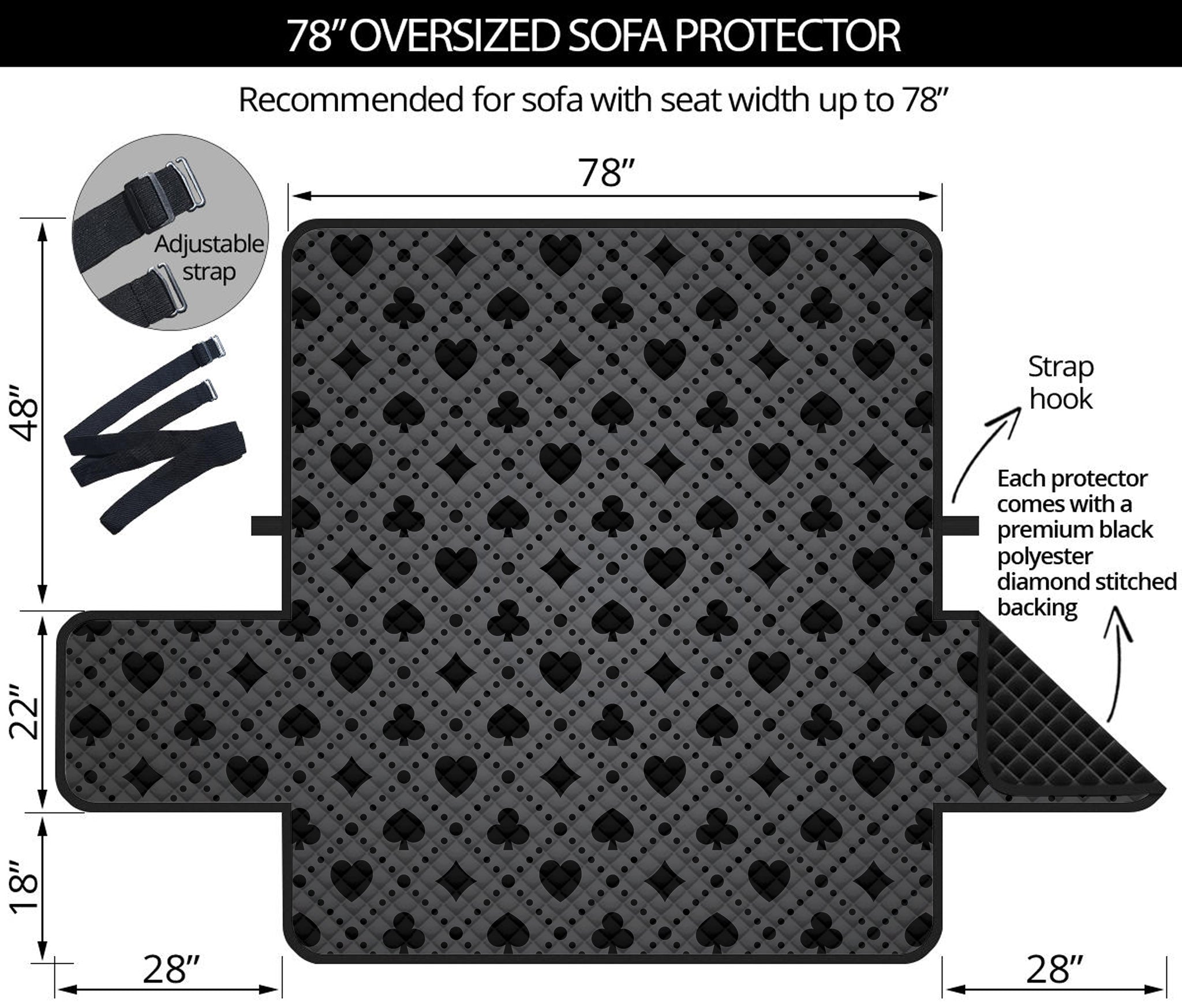 Black And Grey Playing Card Suits Print Oversized Sofa Protector