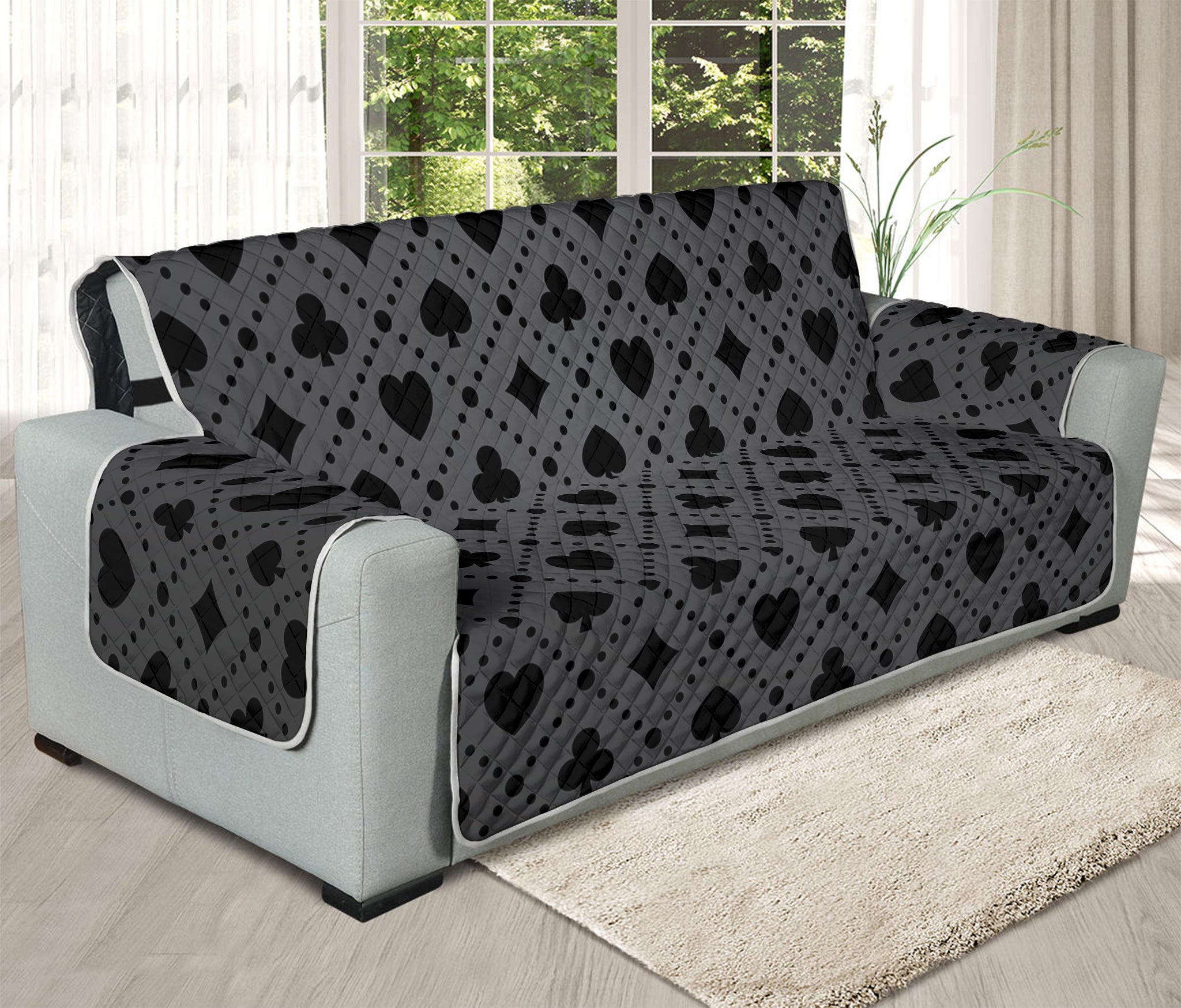 Black And Grey Playing Card Suits Print Oversized Sofa Protector