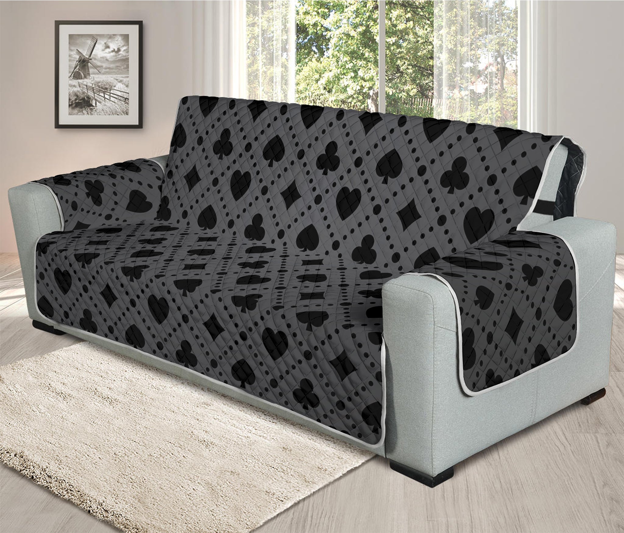 Black And Grey Playing Card Suits Print Oversized Sofa Protector