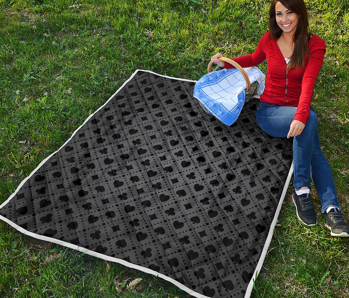 Black And Grey Playing Card Suits Print Quilt