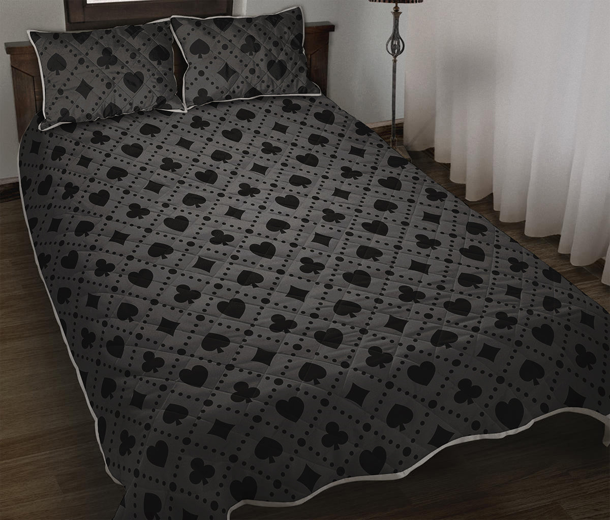 Black And Grey Playing Card Suits Print Quilt Bed Set