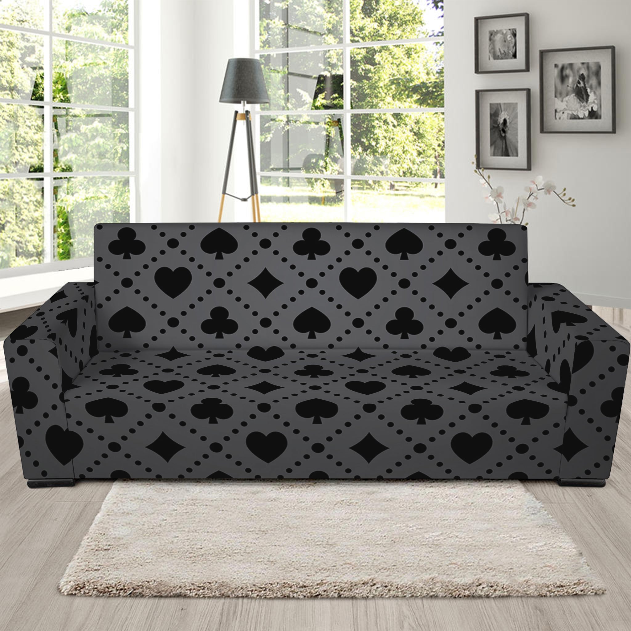 Black And Grey Playing Card Suits Print Sofa Slipcover