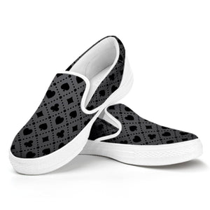 Black And Grey Playing Card Suits Print White Slip On Shoes