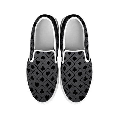 Black And Grey Playing Card Suits Print White Slip On Shoes