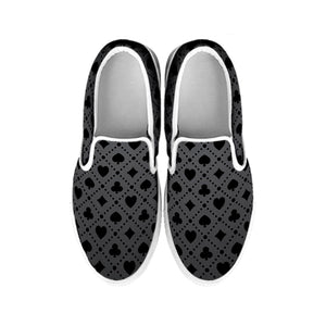 Black And Grey Playing Card Suits Print White Slip On Shoes