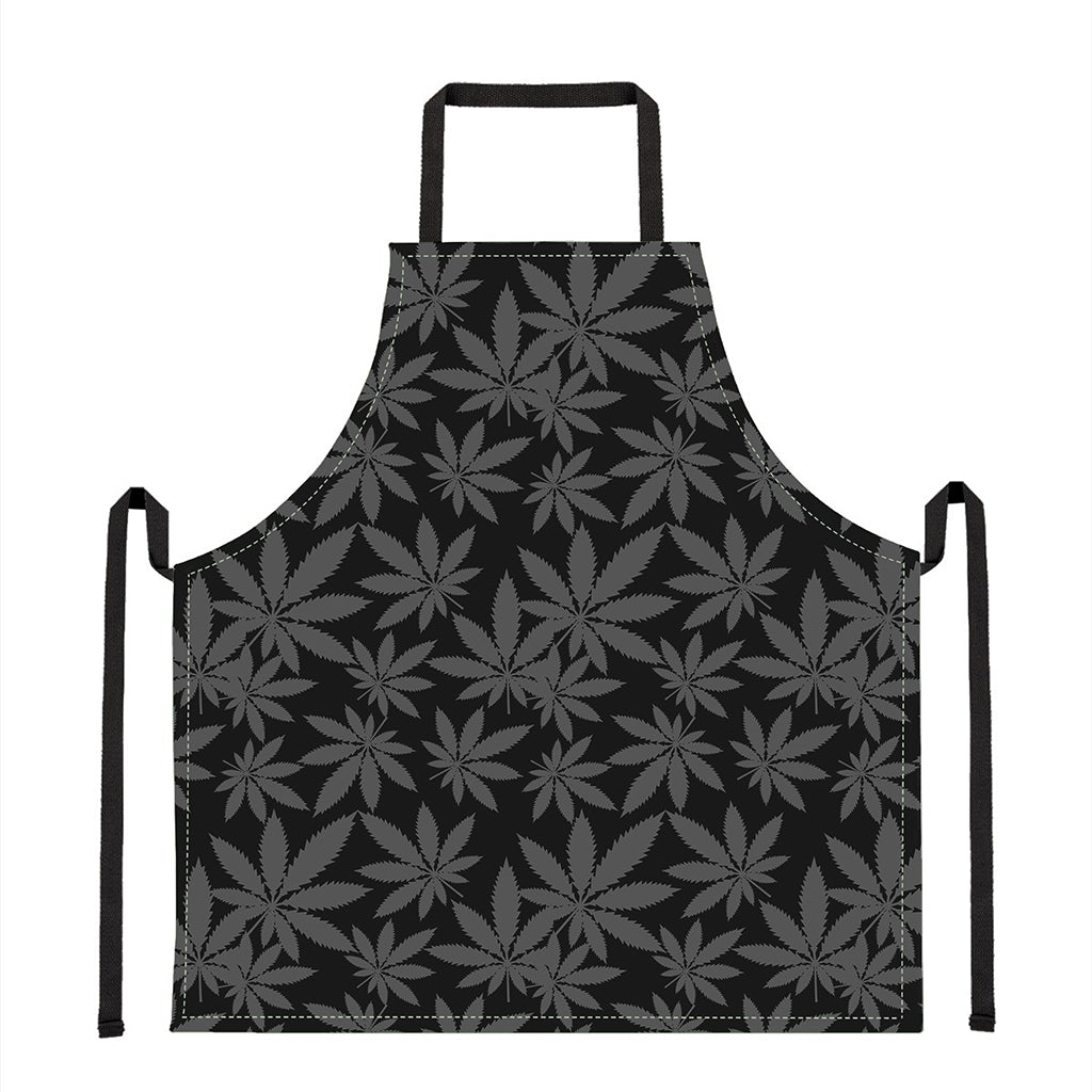 Black And Grey Pot Leaf Pattern Print Apron