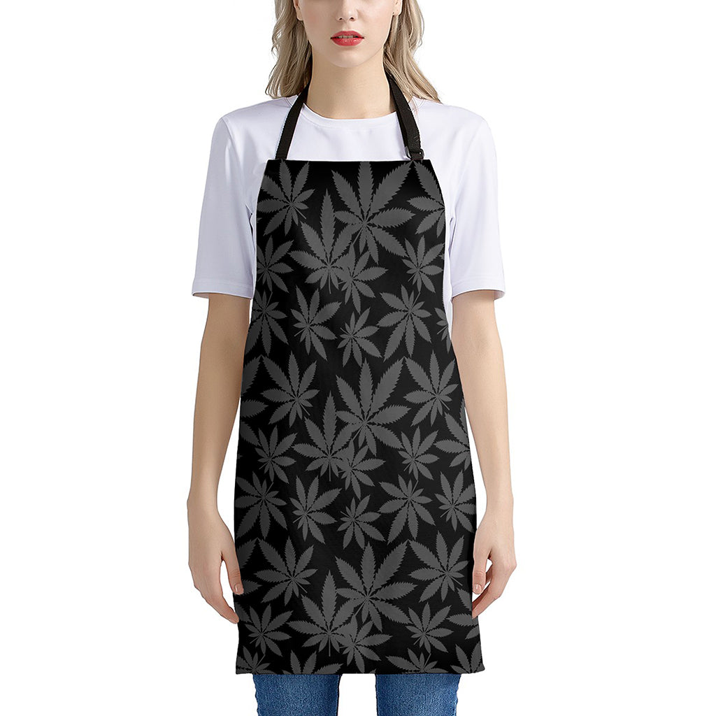 Black And Grey Pot Leaf Pattern Print Apron