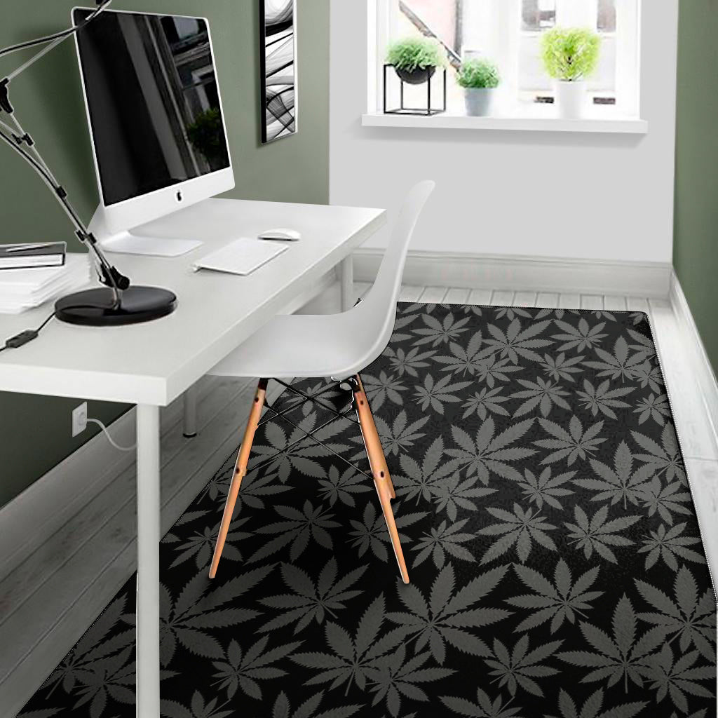 Black And Grey Pot Leaf Pattern Print Area Rug