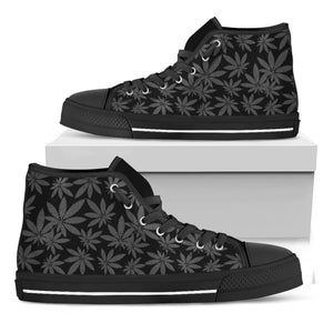 Black And Grey Pot Leaf Pattern Print Black High Top Shoes