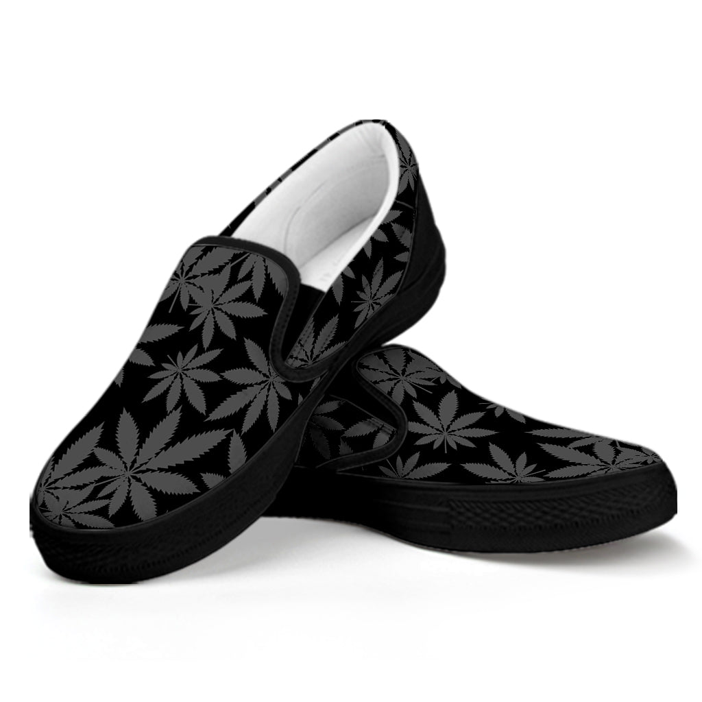 Black And Grey Pot Leaf Pattern Print Black Slip On Shoes