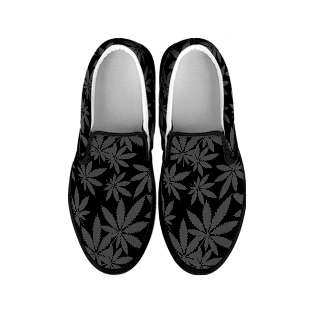 Black And Grey Pot Leaf Pattern Print Black Slip On Shoes