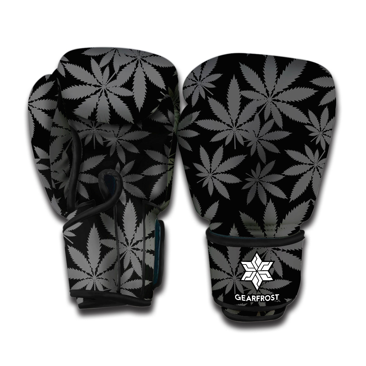 Black And Grey Pot Leaf Pattern Print Boxing Gloves