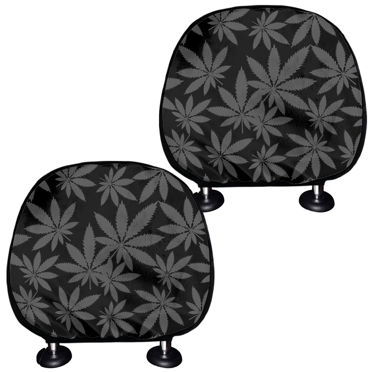 Black And Grey Pot Leaf Pattern Print Car Headrest Covers