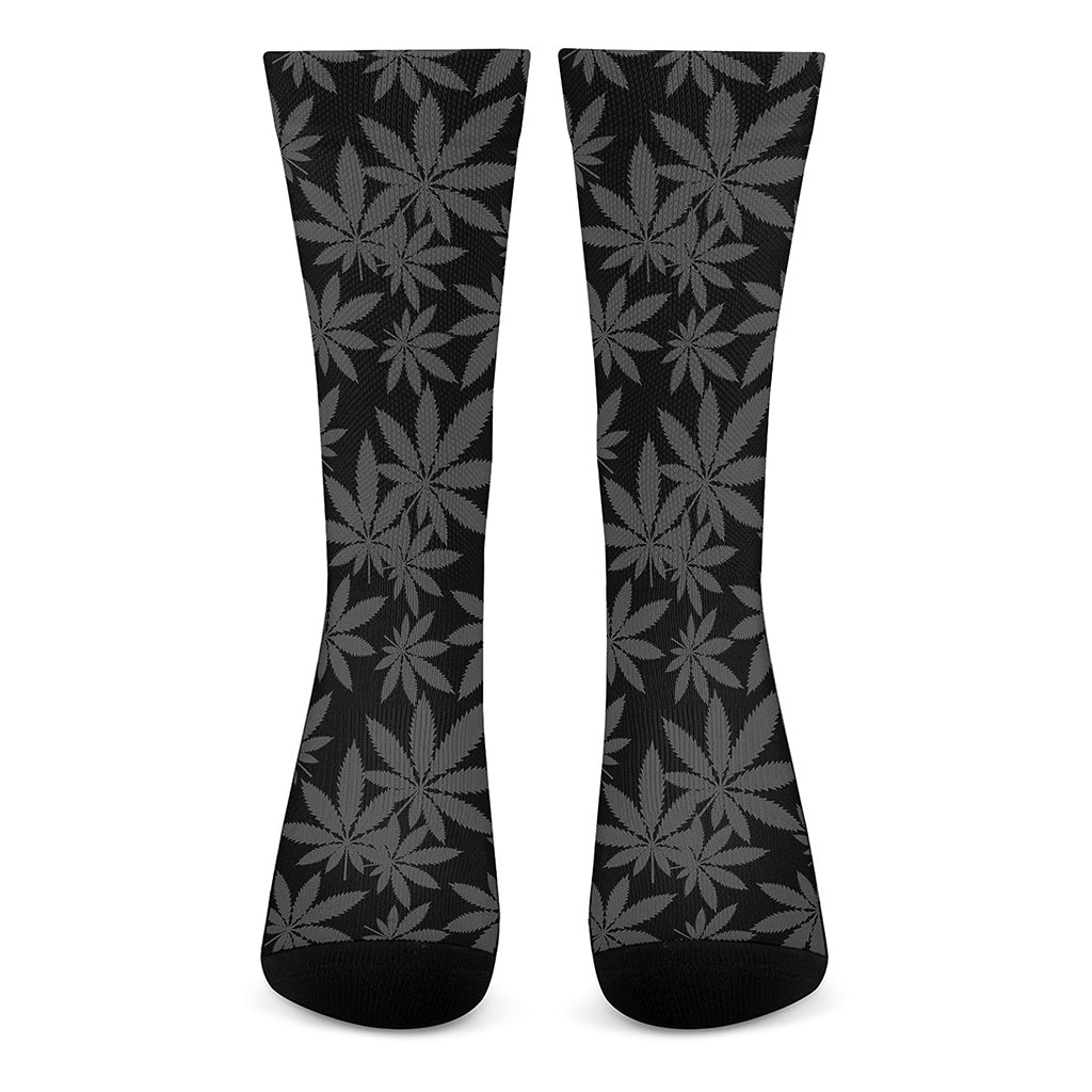 Black And Grey Pot Leaf Pattern Print Crew Socks