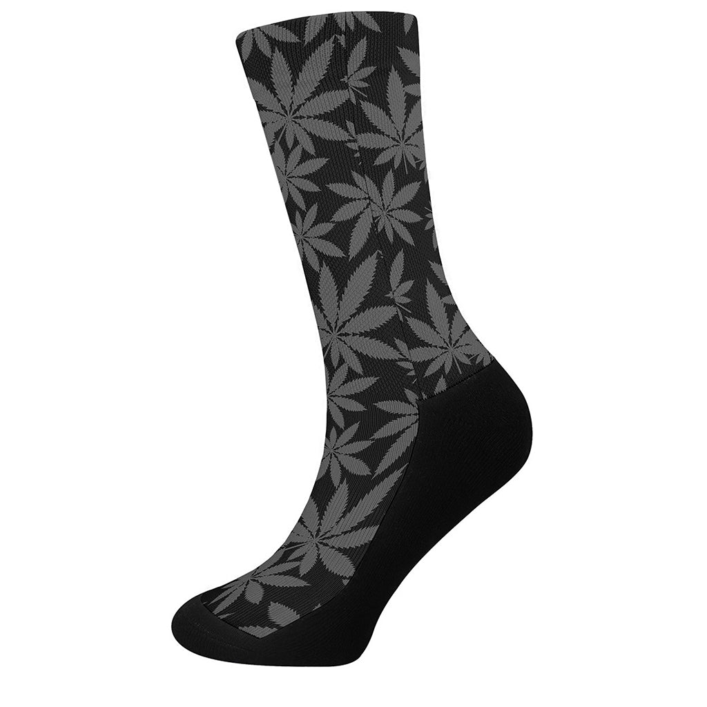 Black And Grey Pot Leaf Pattern Print Crew Socks