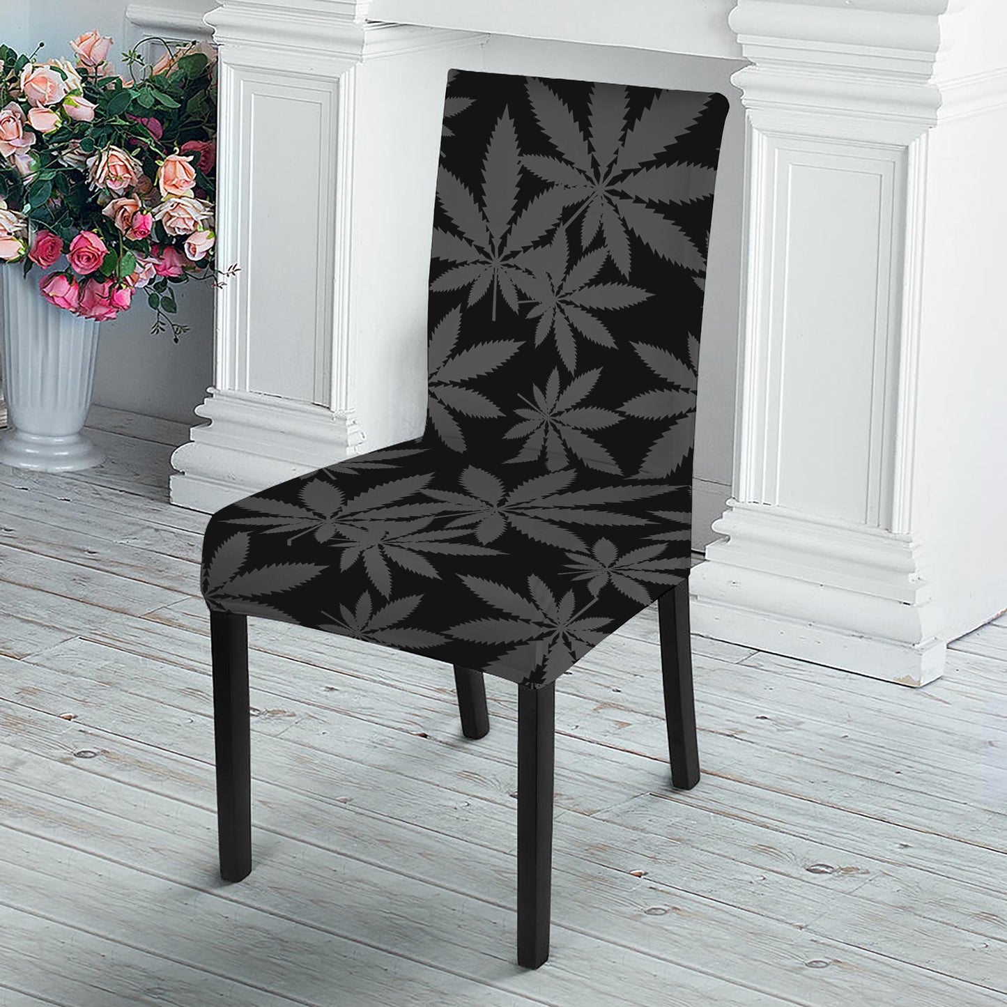 Black And Grey Pot Leaf Pattern Print Dining Chair Slipcover