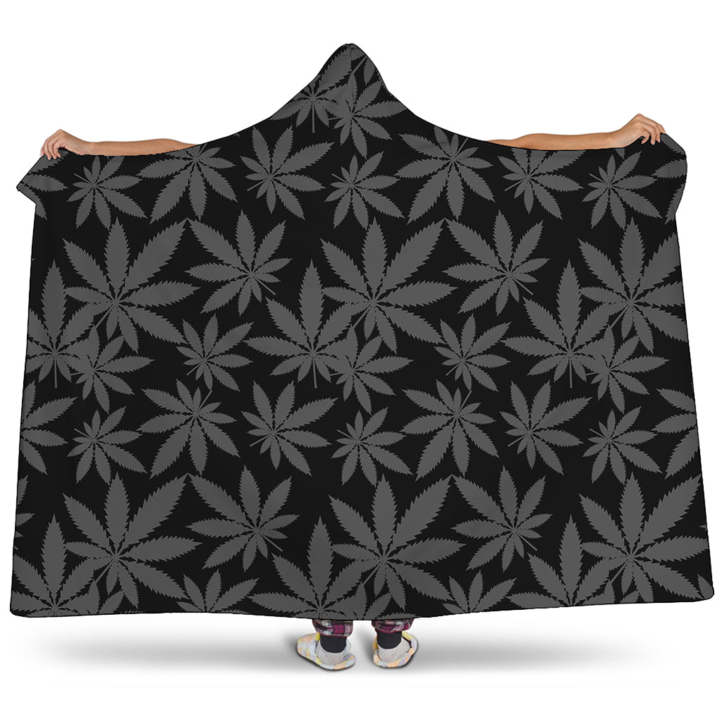 Black And Grey Pot Leaf Pattern Print Hooded Blanket