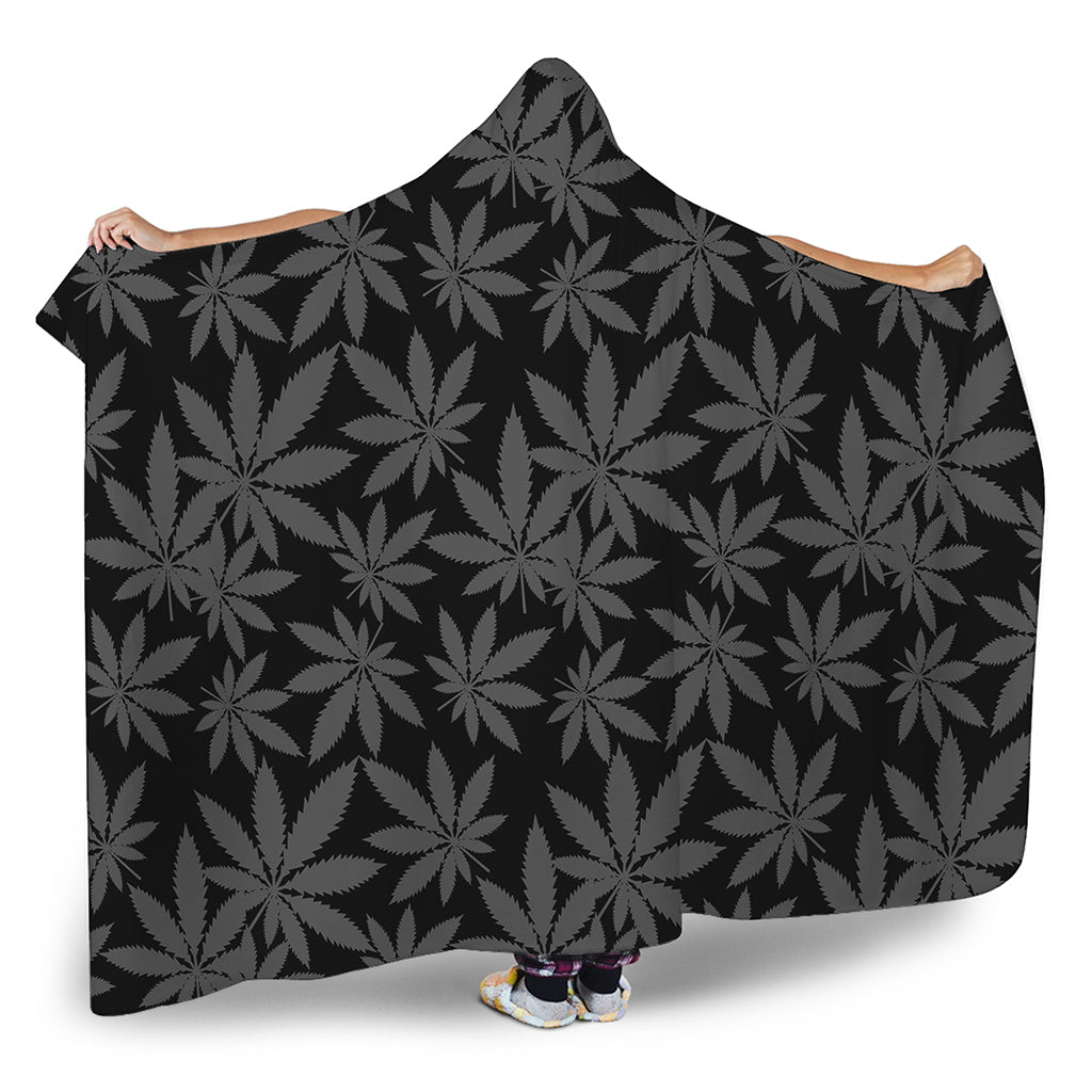 Black And Grey Pot Leaf Pattern Print Hooded Blanket