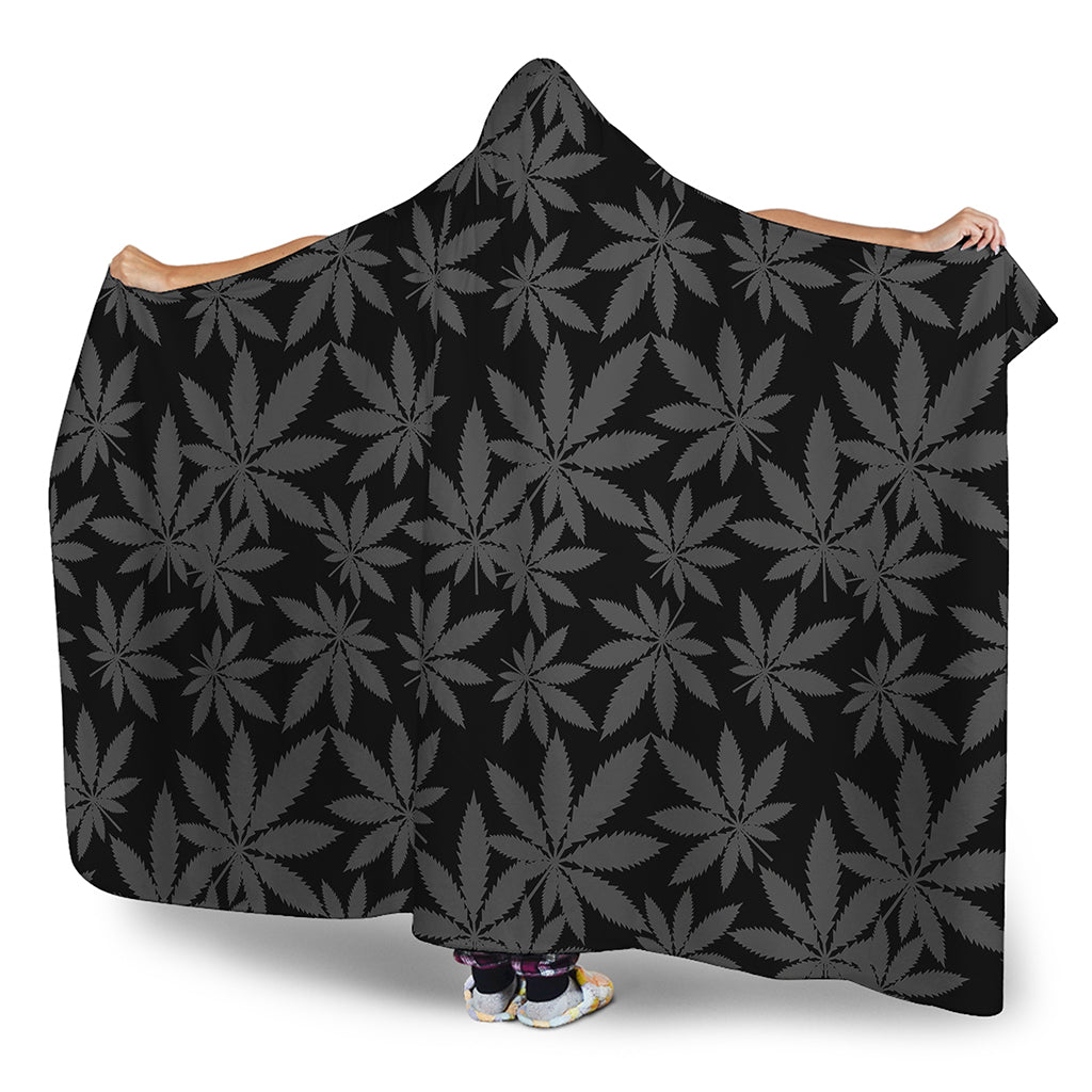 Black And Grey Pot Leaf Pattern Print Hooded Blanket