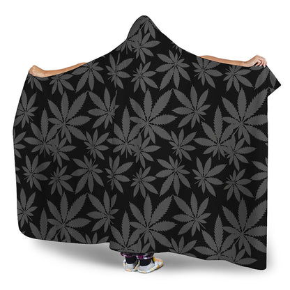 Black And Grey Pot Leaf Pattern Print Hooded Blanket