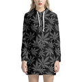 Black And Grey Pot Leaf Pattern Print Pullover Hoodie Dress