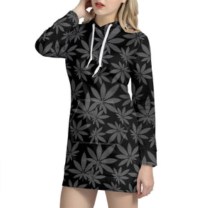 Black And Grey Pot Leaf Pattern Print Hoodie Dress