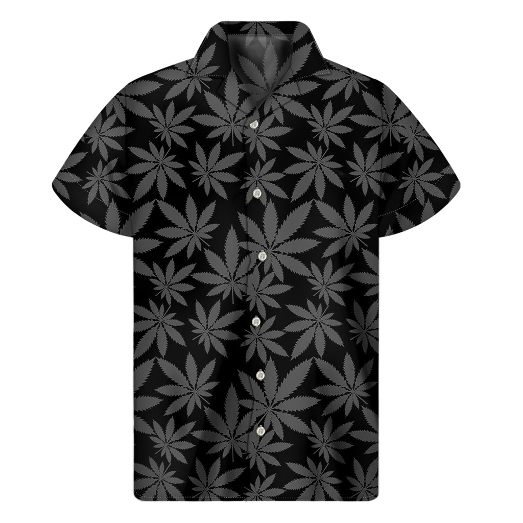 Black And Grey Pot Leaf Pattern Print Men's Short Sleeve Shirt