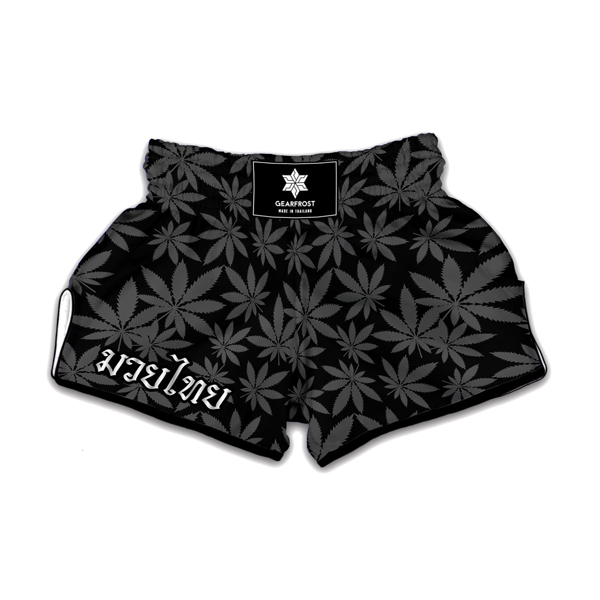 Black And Grey Pot Leaf Pattern Print Muay Thai Boxing Shorts