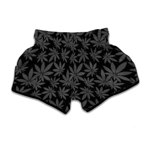 Black And Grey Pot Leaf Pattern Print Muay Thai Boxing Shorts